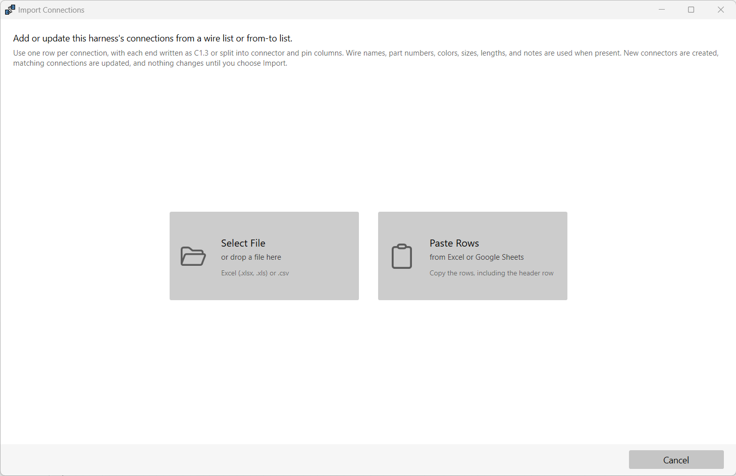 Import Connections - select a file or paste rows