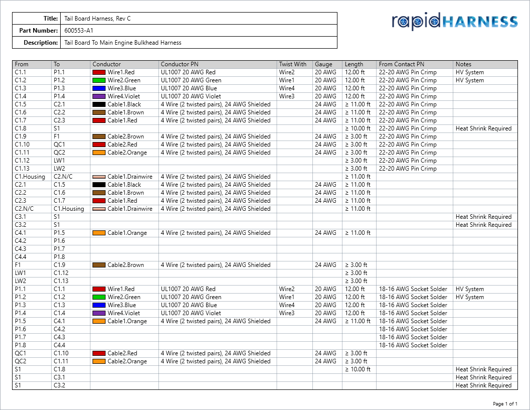 Wiring Table - Now Showing Conductor Colors