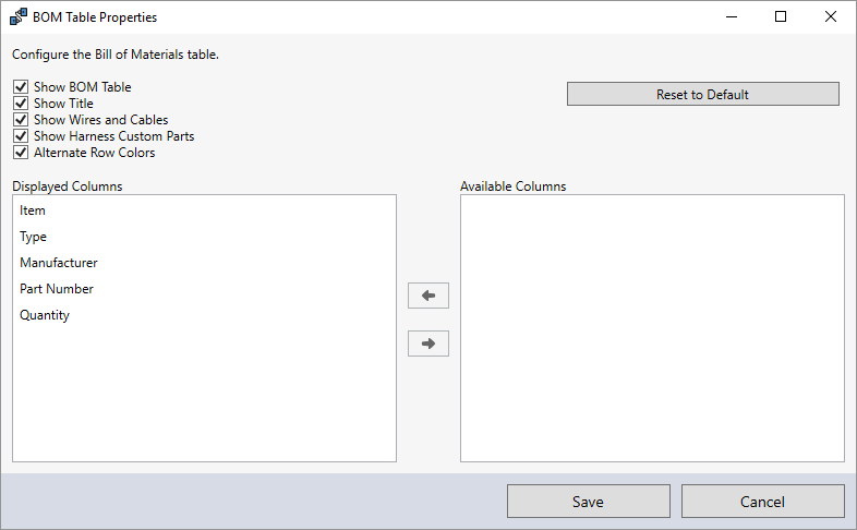 Configurable Top Level Bill of Materials (BOM) Table