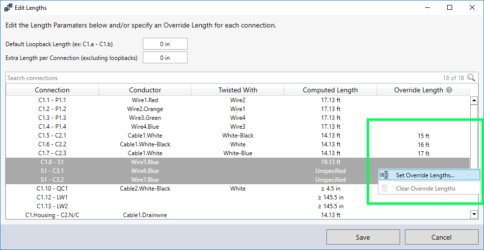 Individually Overridable Cable Lengths