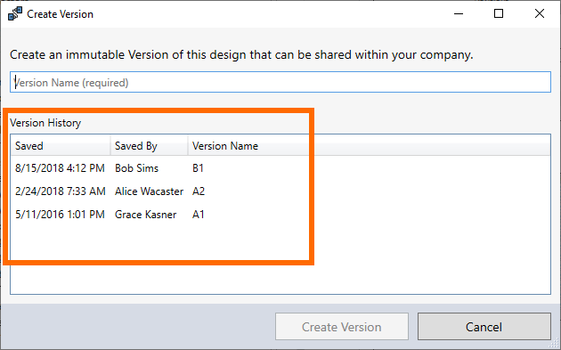 Version Dialog - Design History
