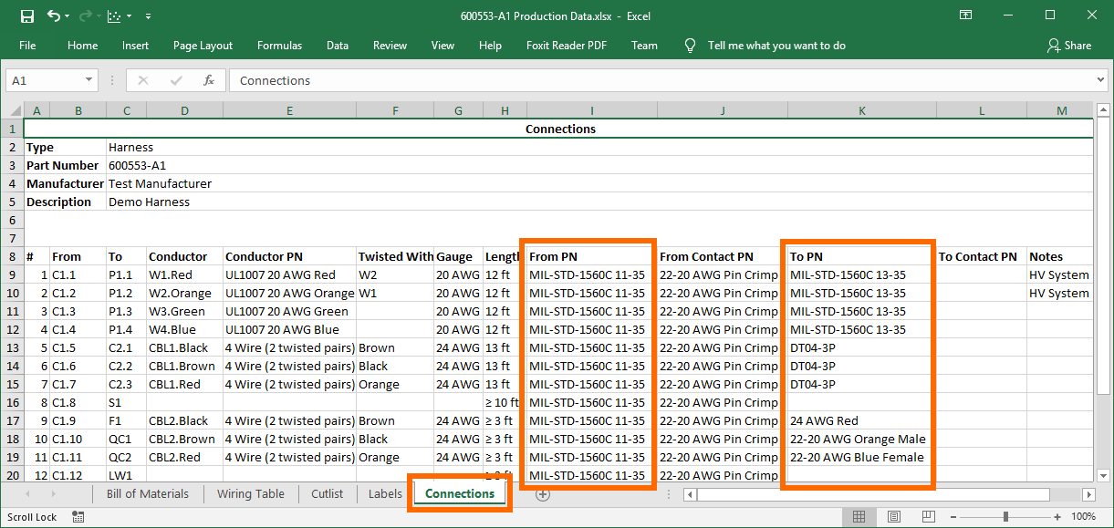 Harness Connection Export - To/From PN