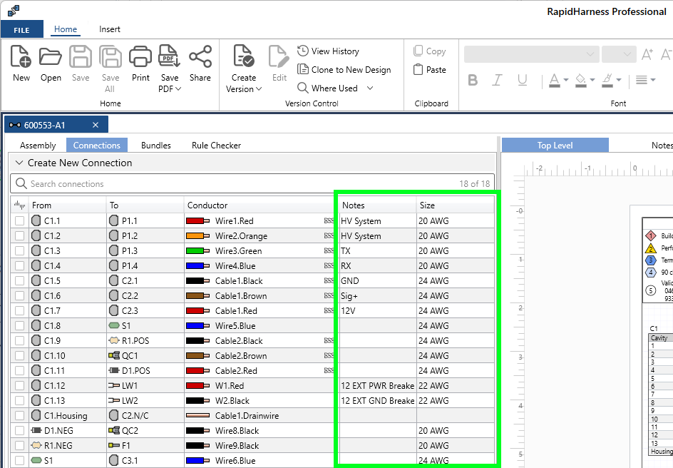 Harness Connection Editor Columns