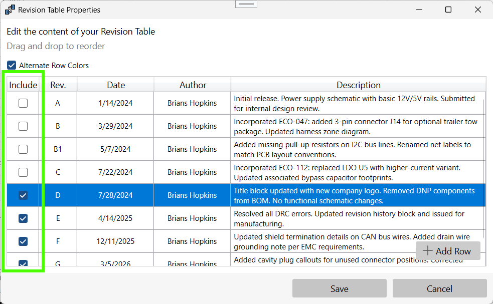 Revisions Table - Include/Exclude Revisions