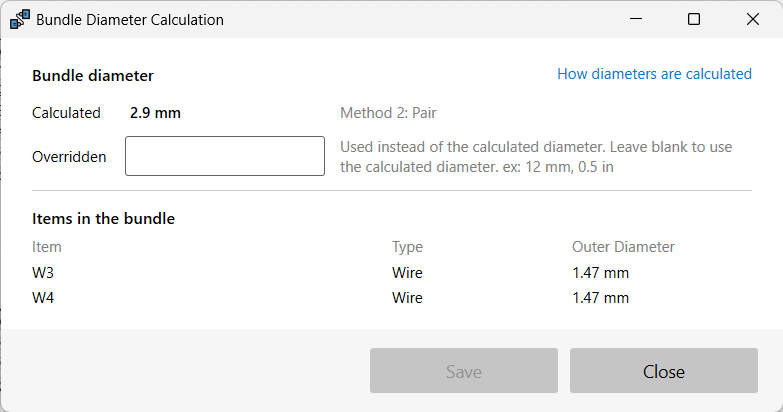 Bundle Diameter Calculation dialog