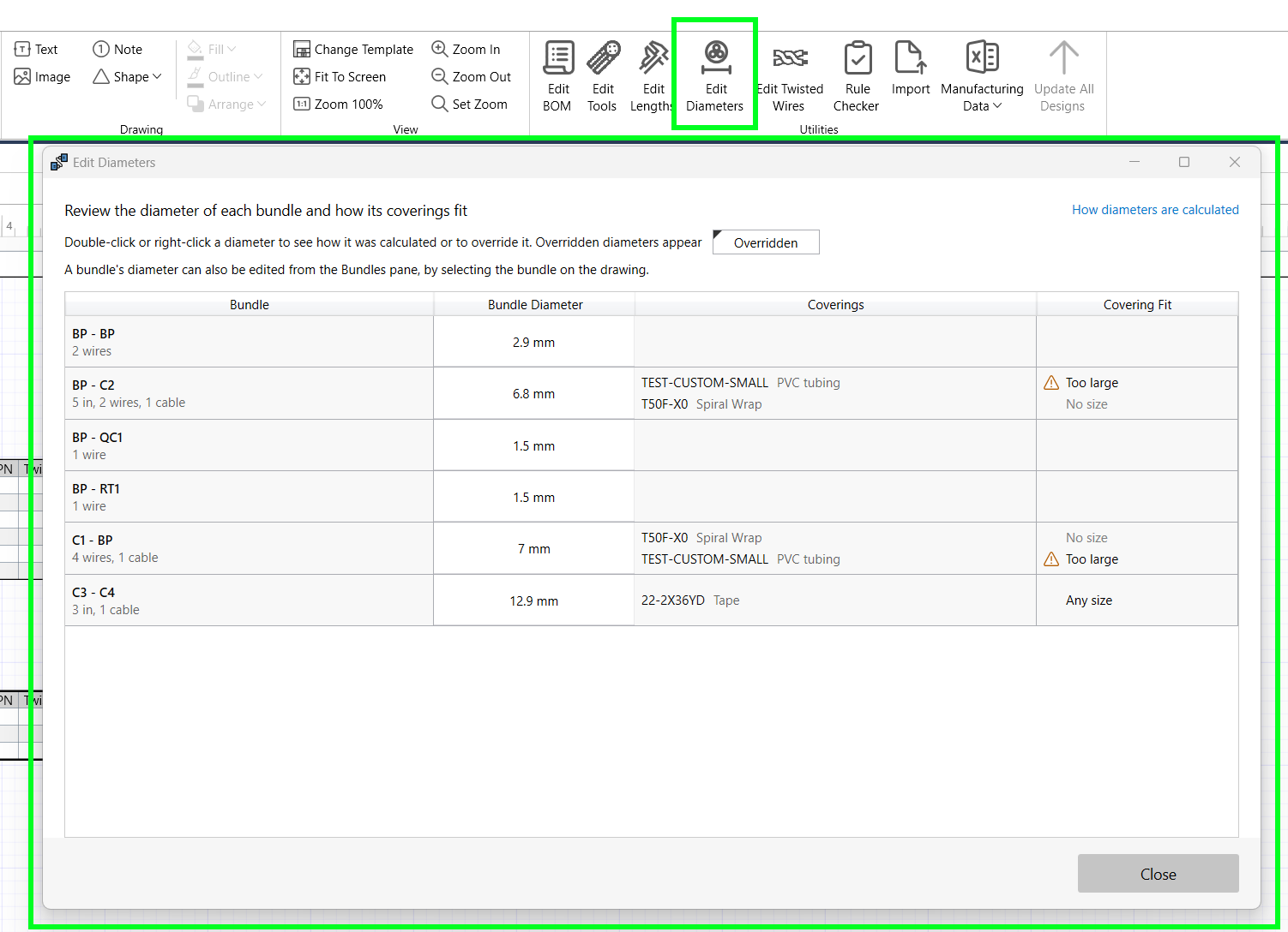 Edit Diameters page